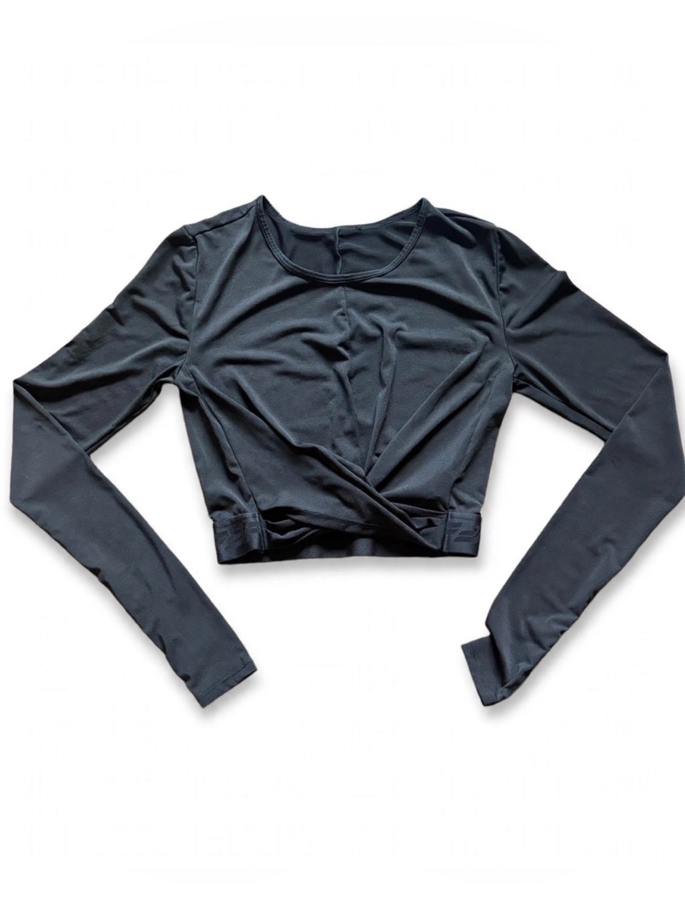 Fabletics Black Twist Front Long Sleeve Crop Top Thumbholes Size S